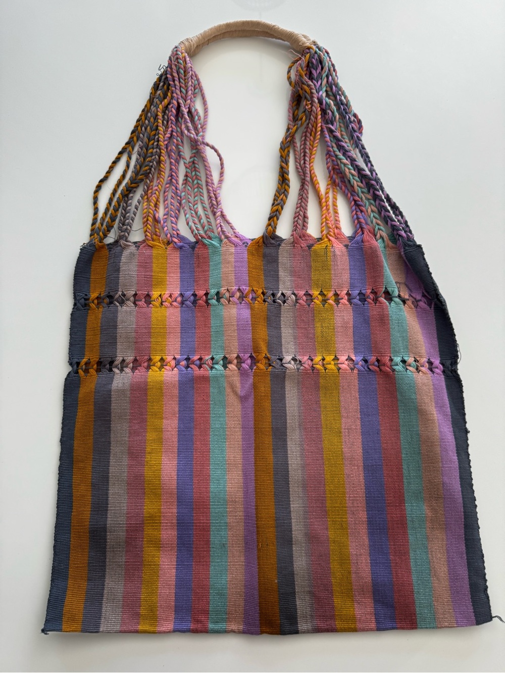 Handwoven Multicolor Striped Market Tote Braided Handles Artisan Beach Bag NWOT - Picture 2 of 6
